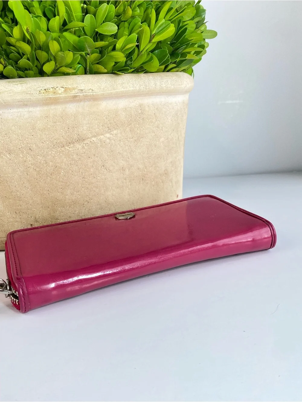 Coach Pink Signature Patent Leather Wallet with Heart Pendant